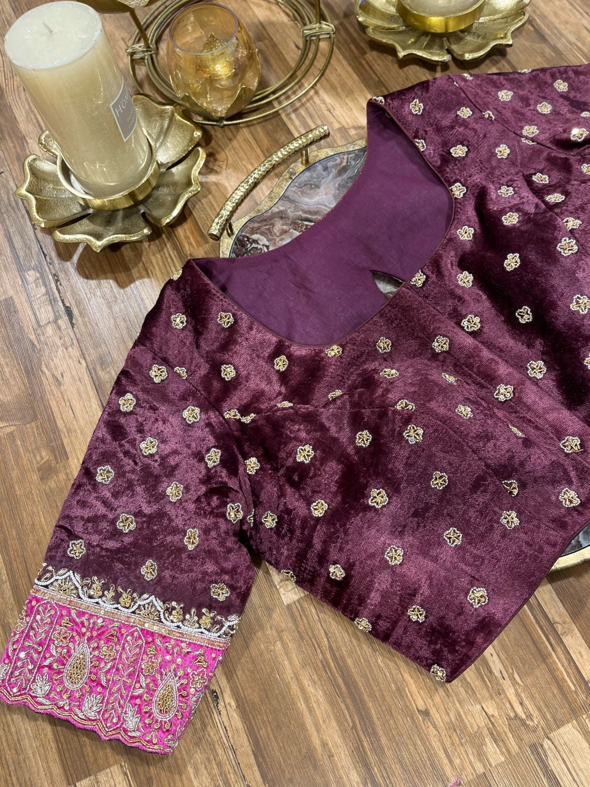 Wine and Pink Shade Velvet Designer Blouse
