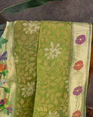 Light Parrot Green Cotton Jamdhani with Paithani Exclusive Masterpiece Fusion  Saree