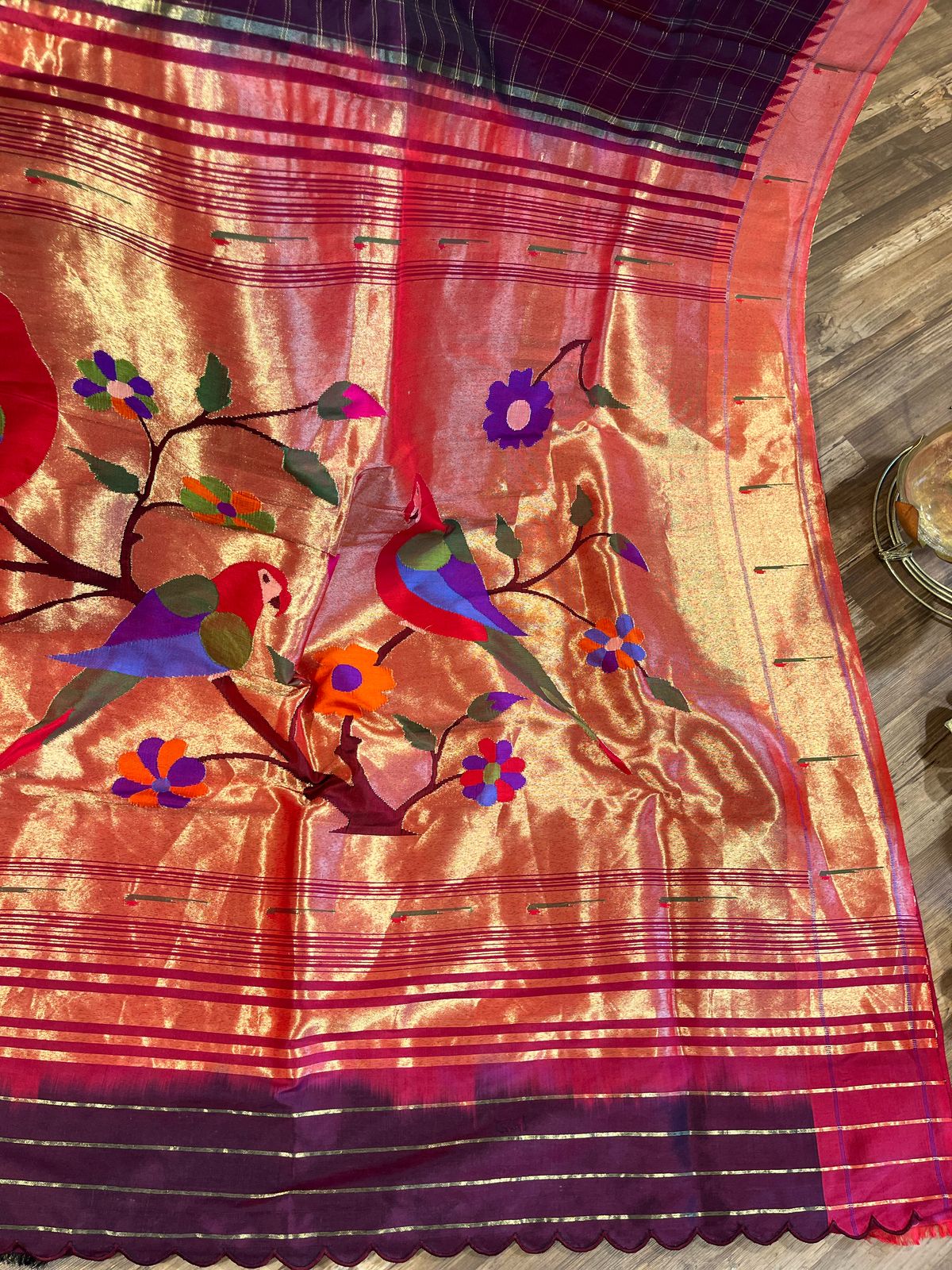 Wine Checkered Designer Exclusive Applique Work Paithani Pure Pattu