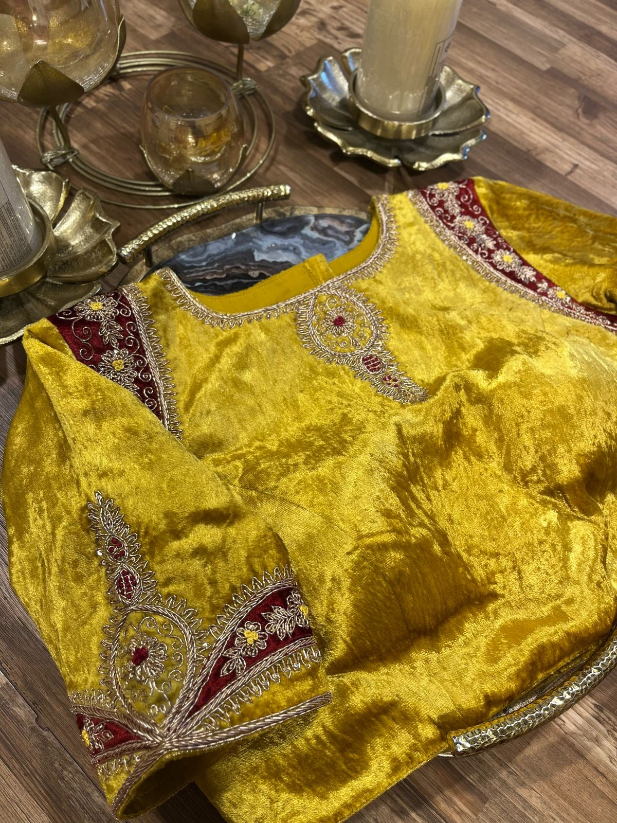 Yellow and Red Combination Shade Velvet Designer Blouse