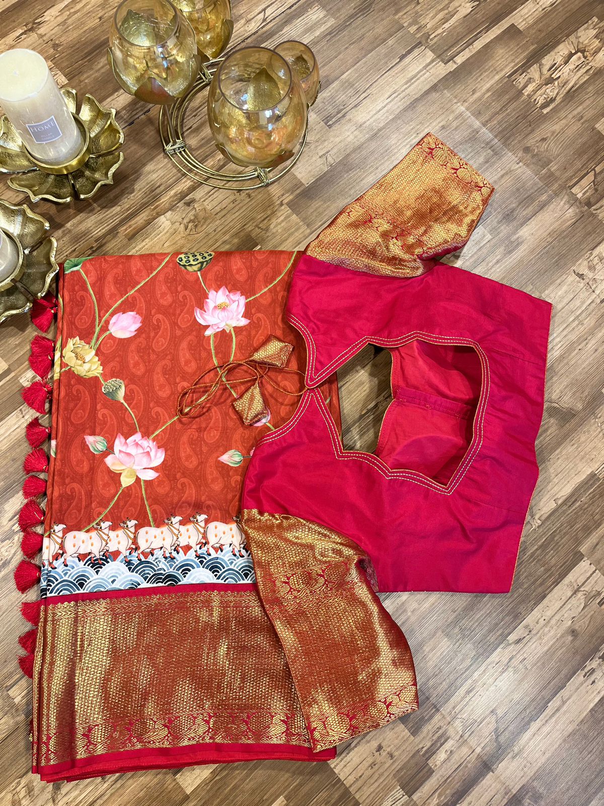 Brick Red Pure Kanchi Digital Silk