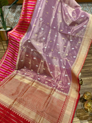 Lavender /Mauve Mix and Red Kora Tissue Banarasi