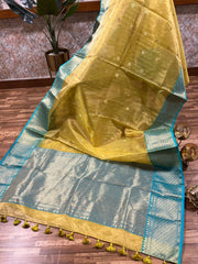 Lime Green and Sea Blue Chanderi Pure Silk