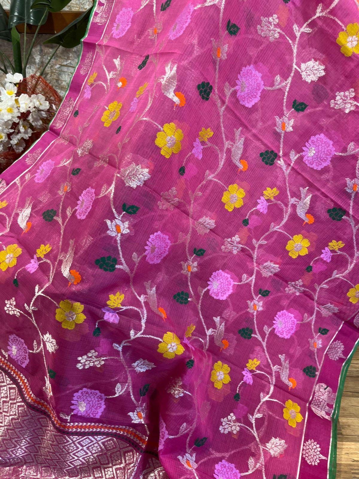 Designer All Over Jaal Pure Zari Kota Saree with Contrast Blouse