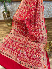 Red Double Bordered Banarasi Bandhini Georgette