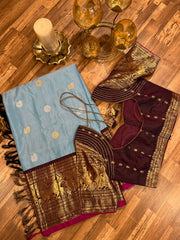 Sky blue and chocolate brown tone Gadwal saree