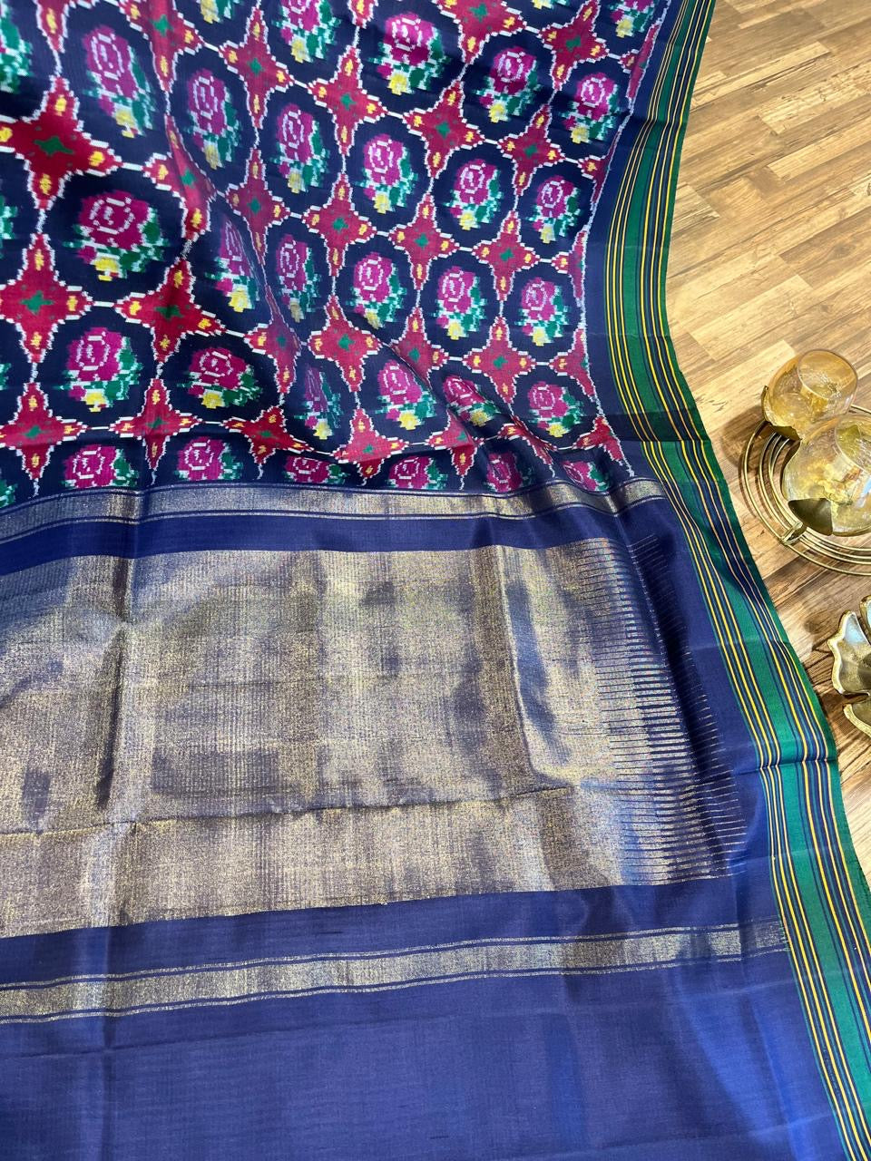 Navy Blue and Green Twill ikkat