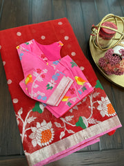 Red and Pink Beautiful Zari Kota