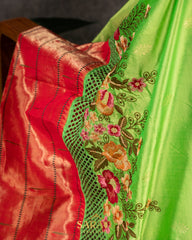 Parrot Green Cutwork Embrodered Triple Saree