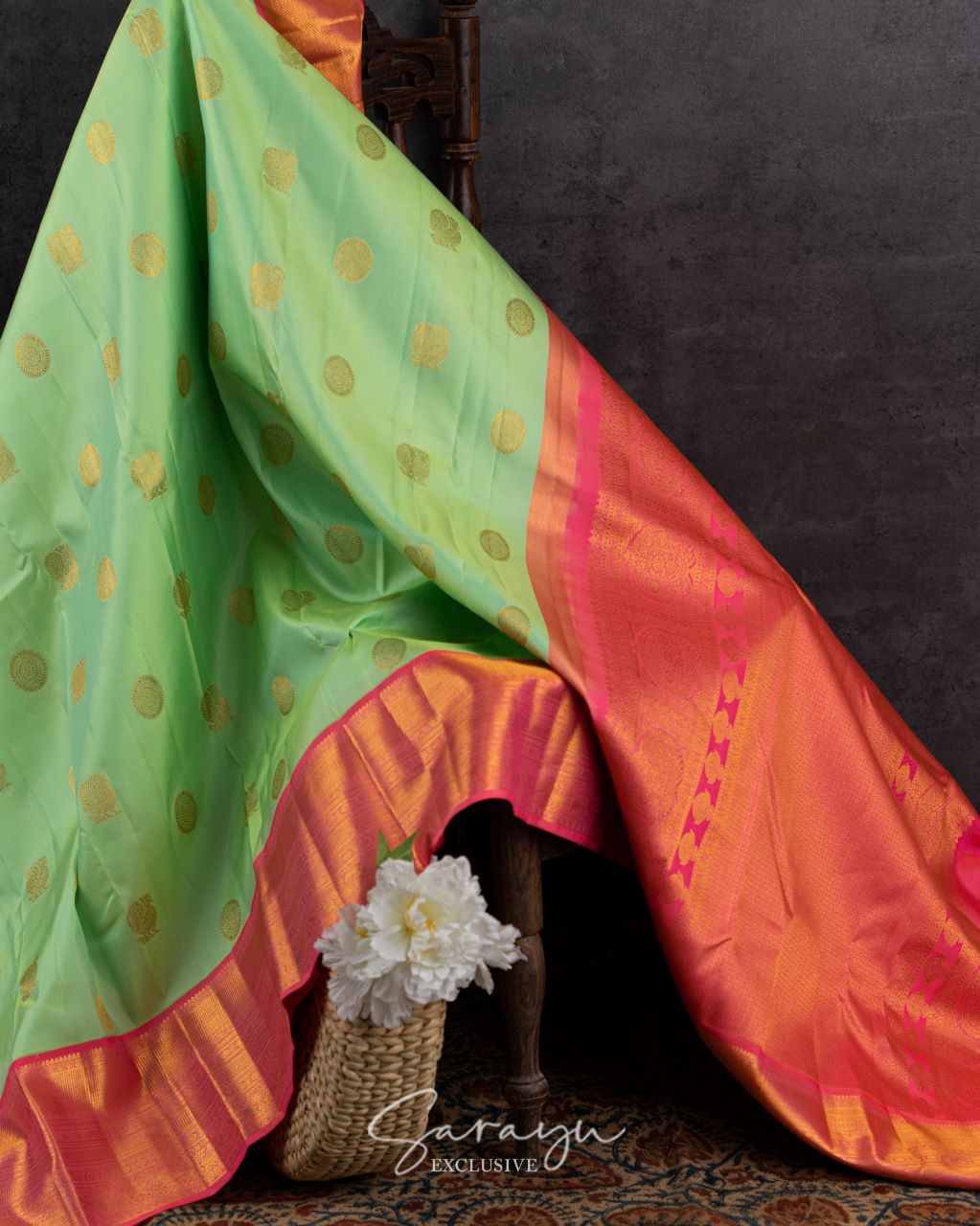 Pista and coral pink pure kanchi silk