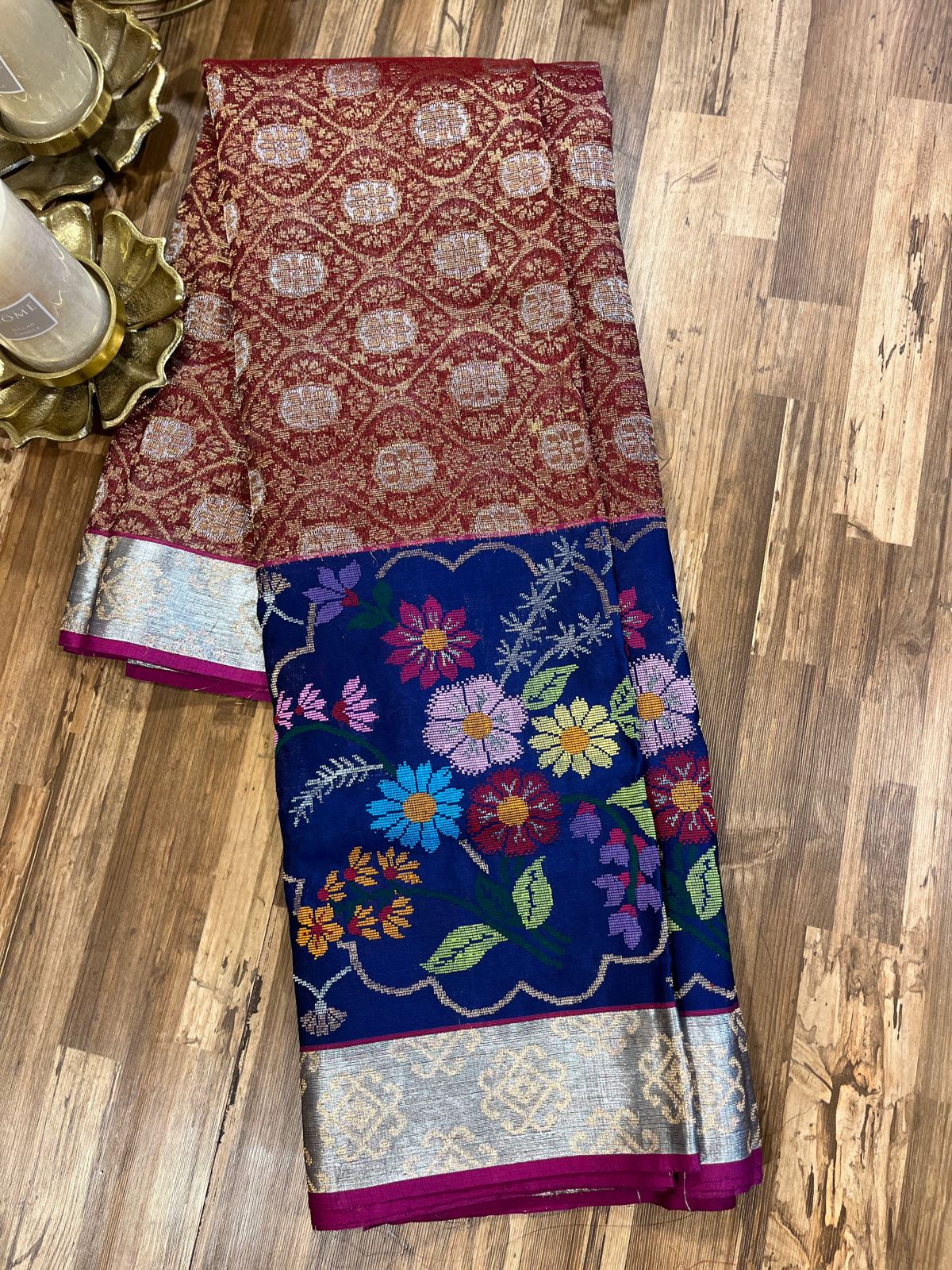 Brick and Royal Blue Pure Zari kota Jamawar