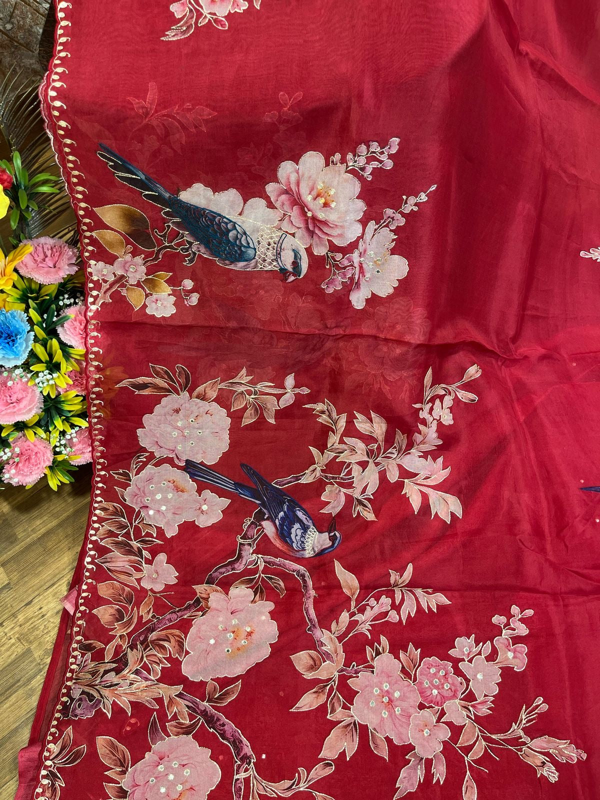 Red Designer Floral Print Organza