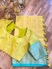 Lime Green and Sea Blue Chanderi Pure Silk