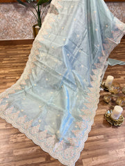 Powder Blue Handloom Handworked Organza Saree