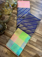 Deep Blue and Multicolored Border Pure Kanchi Silk