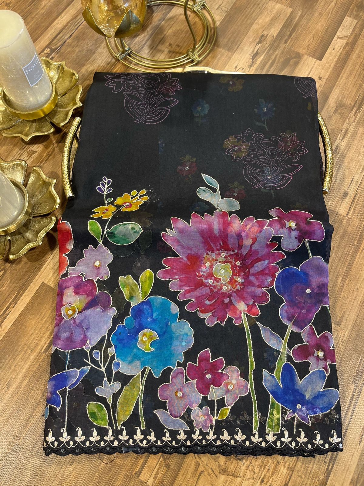 Black Designer Floral Print Organza