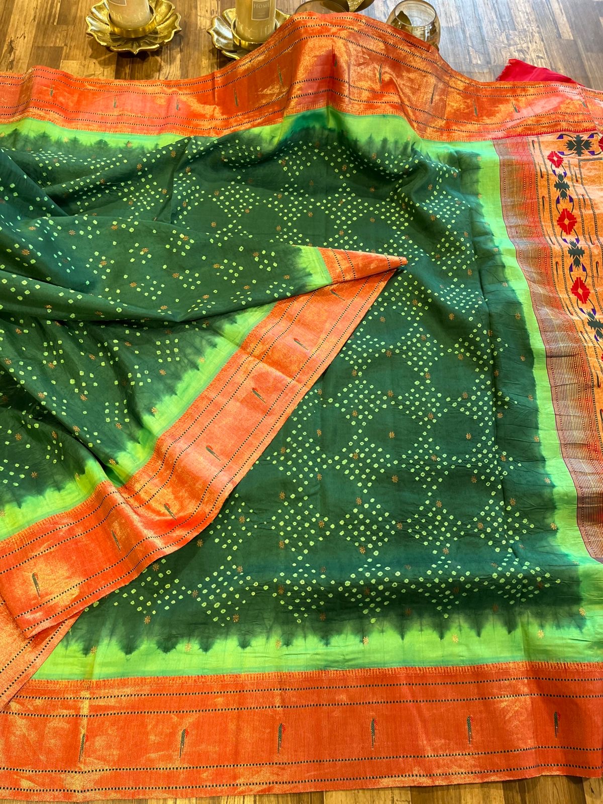 Green Pure Silk Paithani Bandhini
