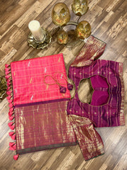 Coral peach and pinkish maroon toned allover Jari checks Gadwal saree