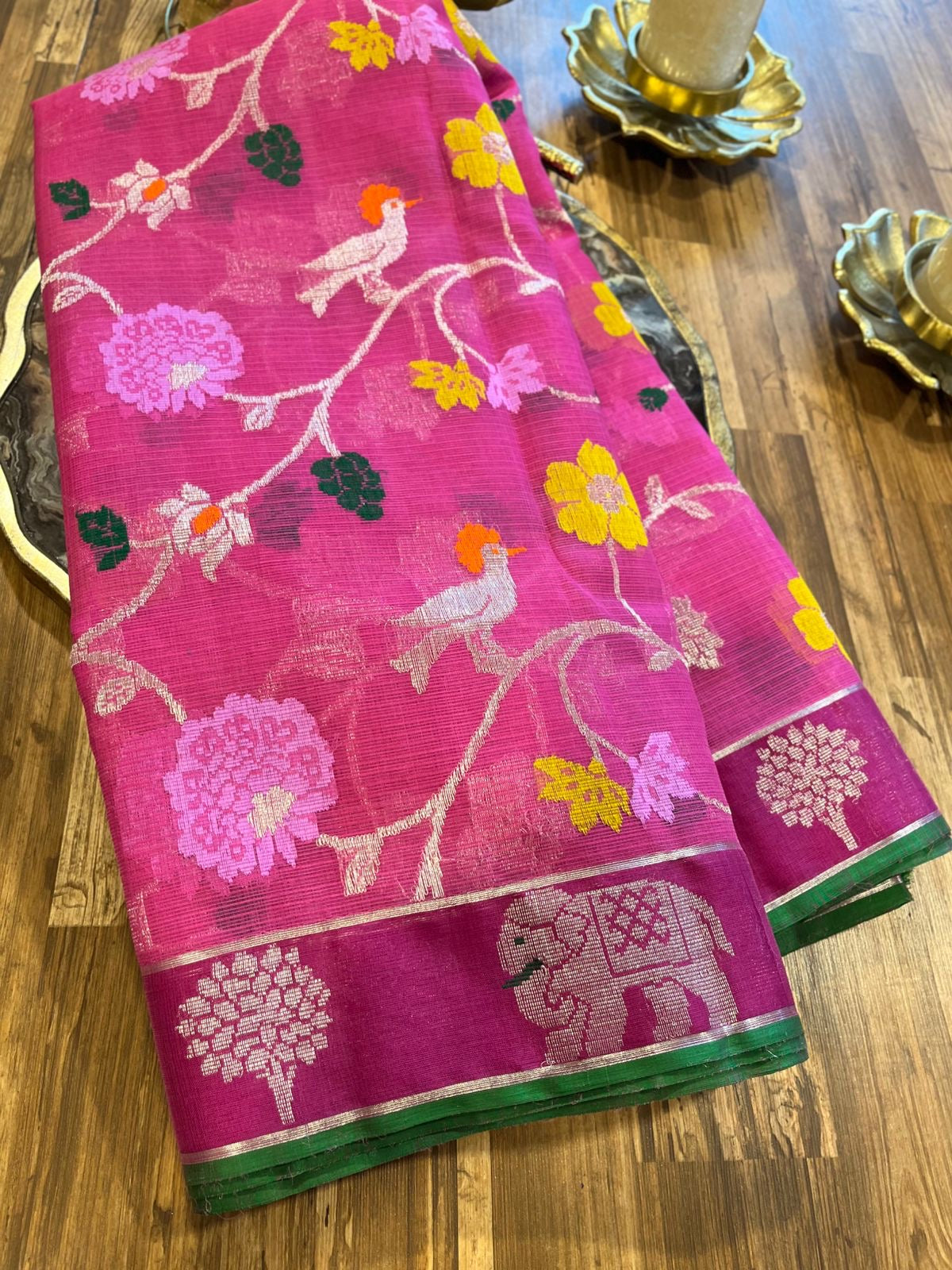 Designer All Over Jaal Pure Zari Kota Saree with Contrast Blouse