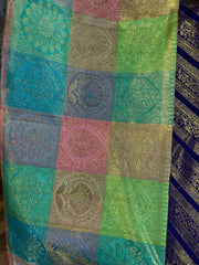 Deep Blue and Multicolored Border Pure Kanchi Silk