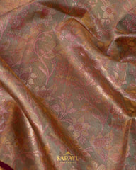 Golden Pista Green and Brown Pure Kanchi Brocade Silk