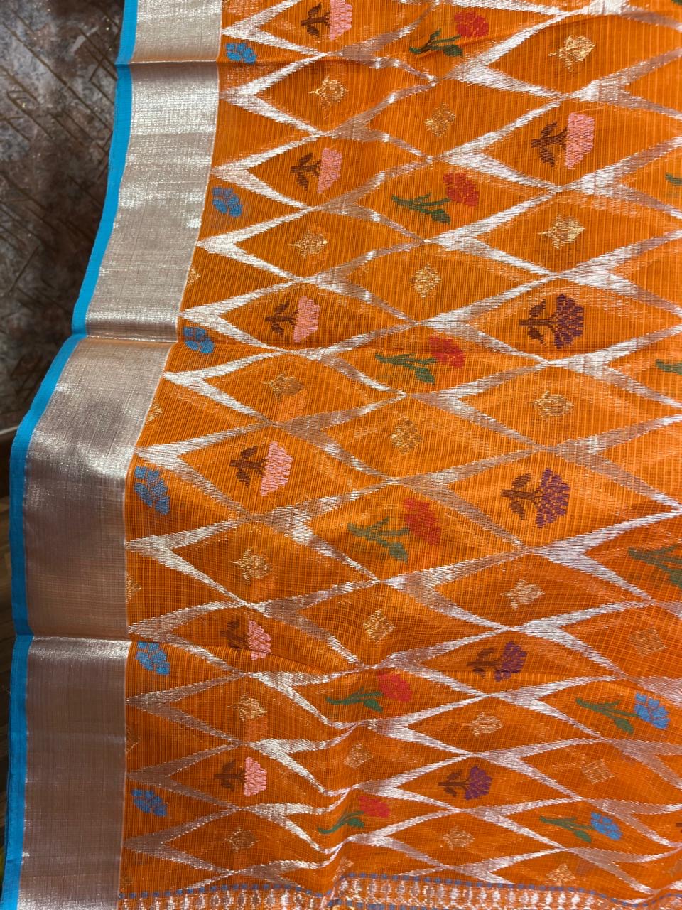 Designer All Over Jaal Pure Zari Kota Saree with Contrast Blouse