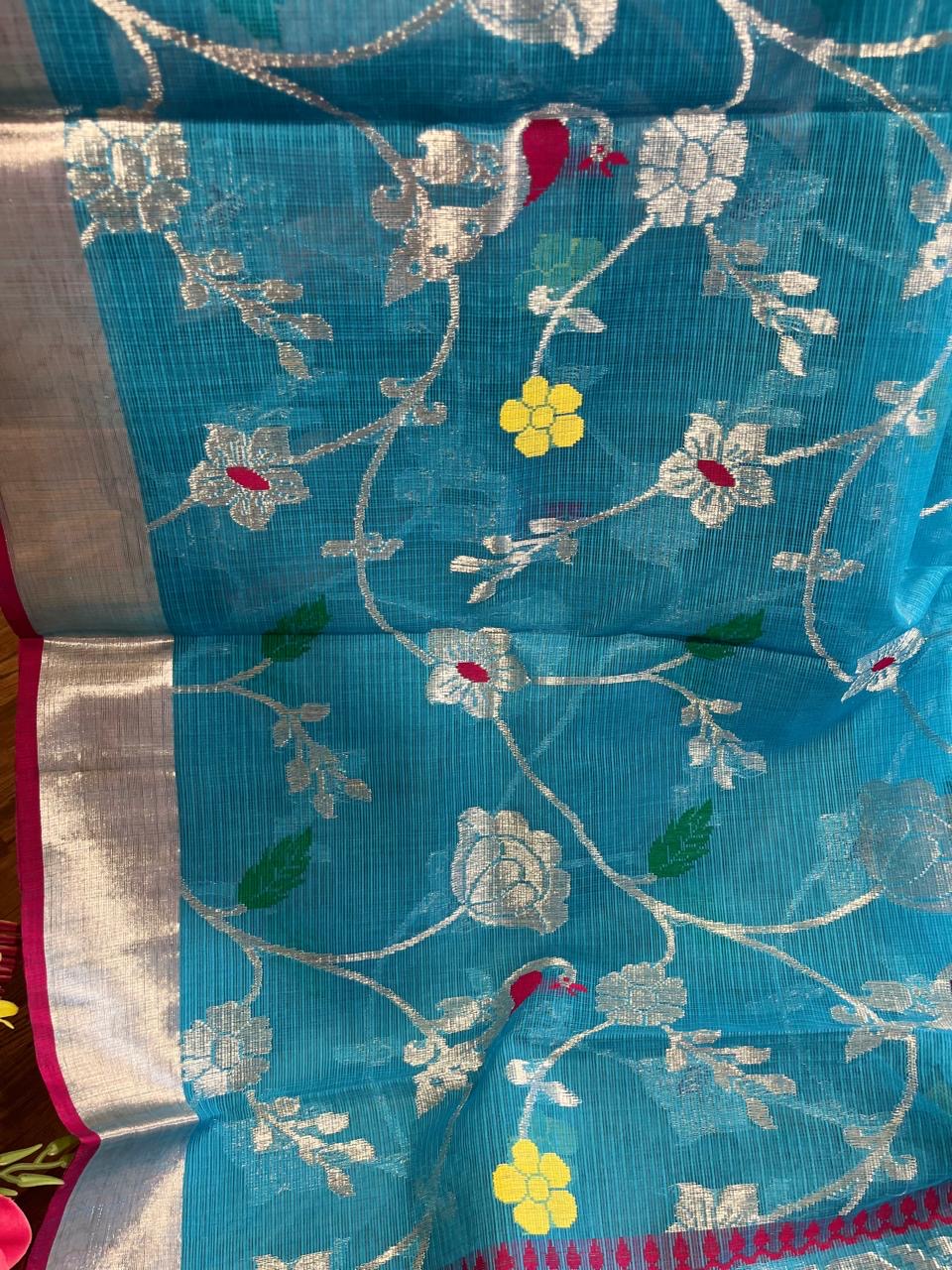 Designer All Over Jaal Pure Zari Kota Saree with Contrast Blouse