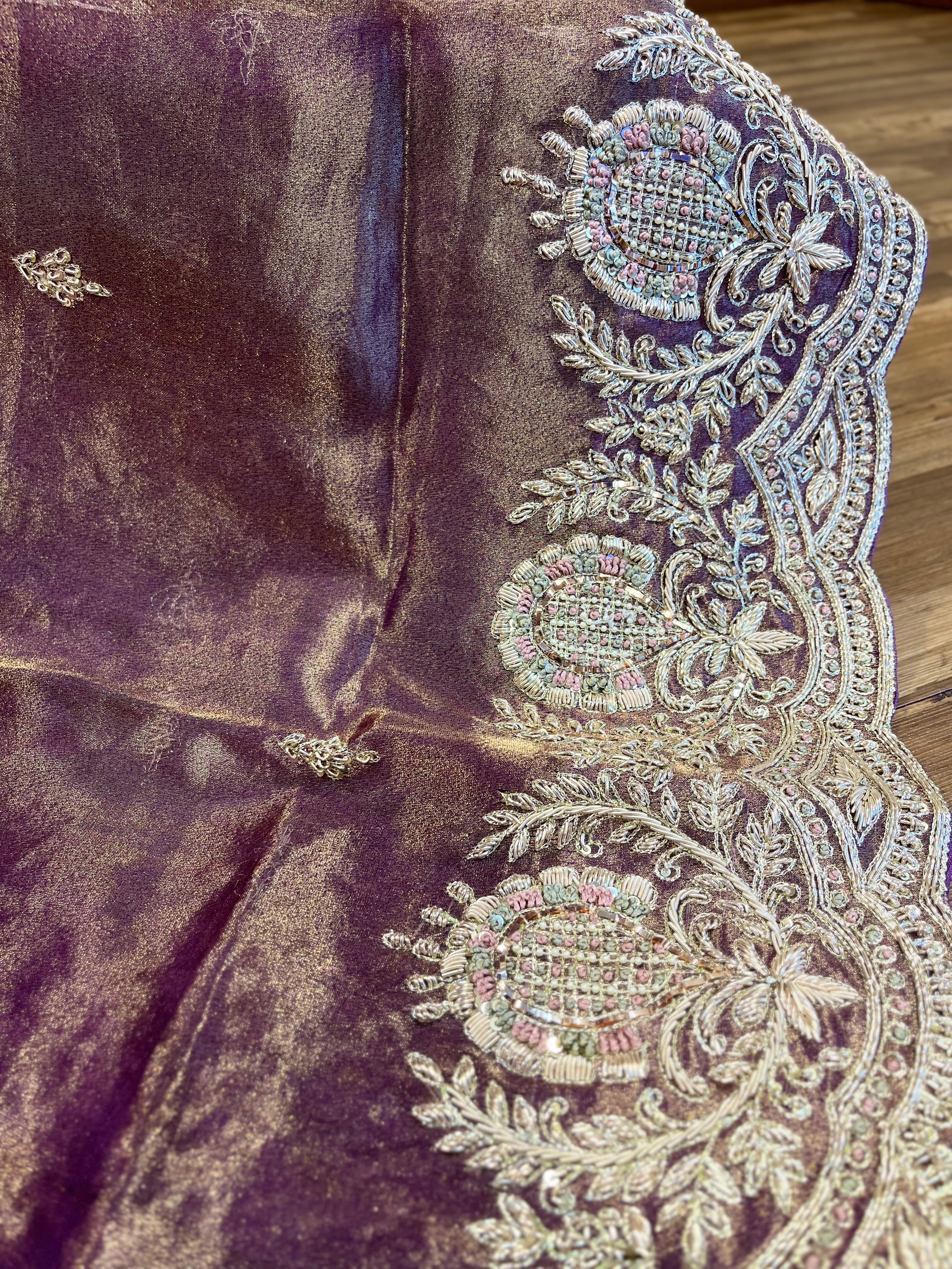 Tissue organza silk saree with heavy work borders and blouse