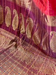 Coral peach and pinkish maroon toned allover Jari checks Gadwal saree