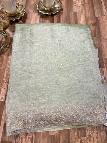 Pastel Green Tissue Handloom Handworked Organza Saree