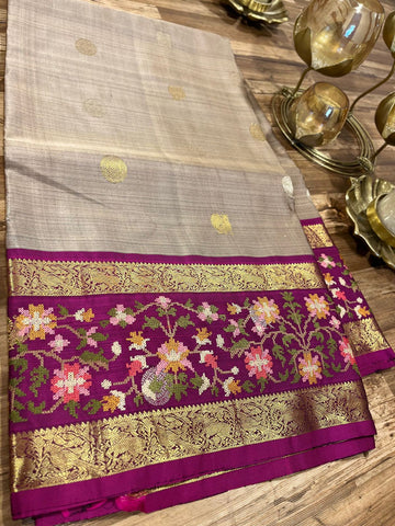 Grey and Magenta Pink Pure Kanchi Silk