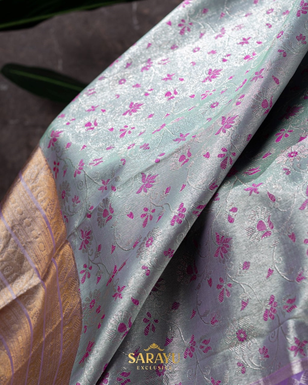 Soft powder blue and lavender brocade Kanchi pure silk