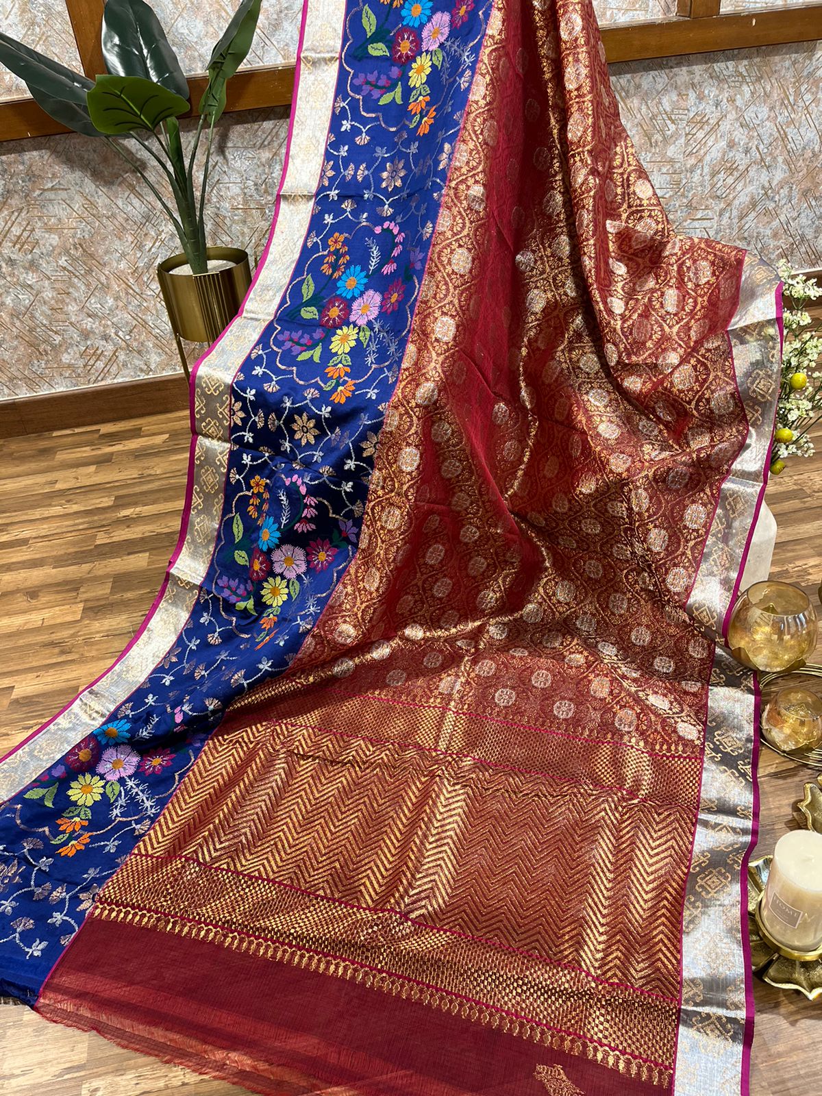 Brick and Royal Blue Pure Zari kota Jamawar