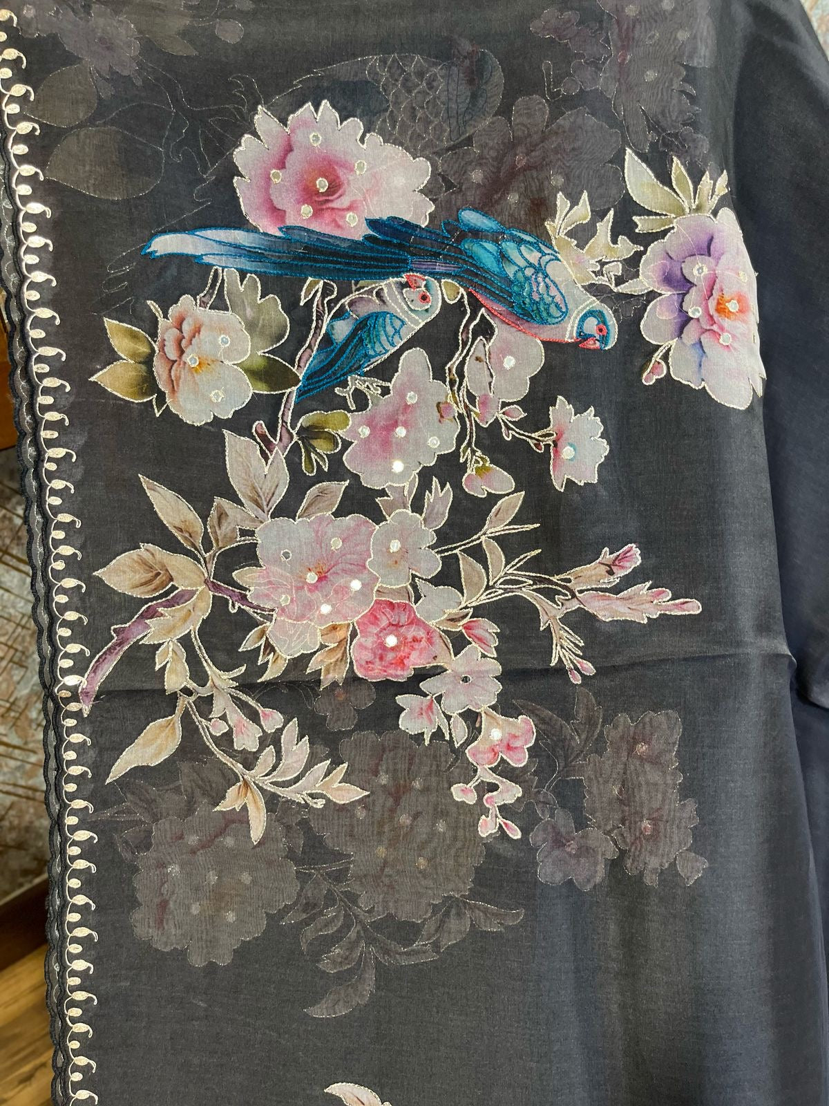 Black Designer Floral Print Organza