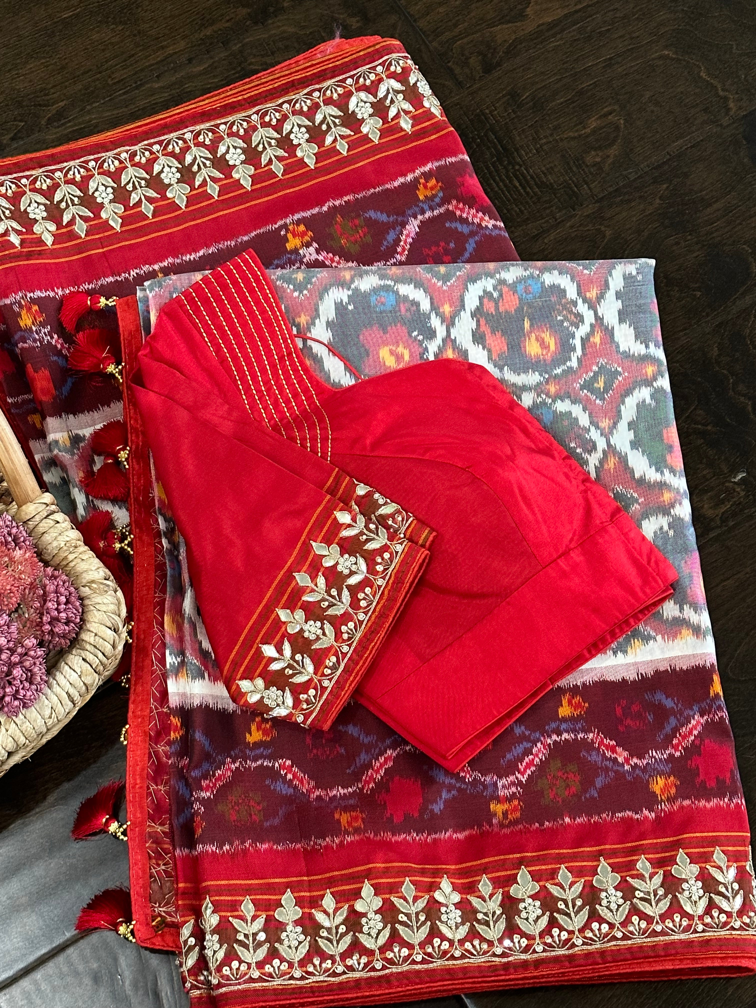 Grey and Maroon Twill Ikkat With Gota Work Saree