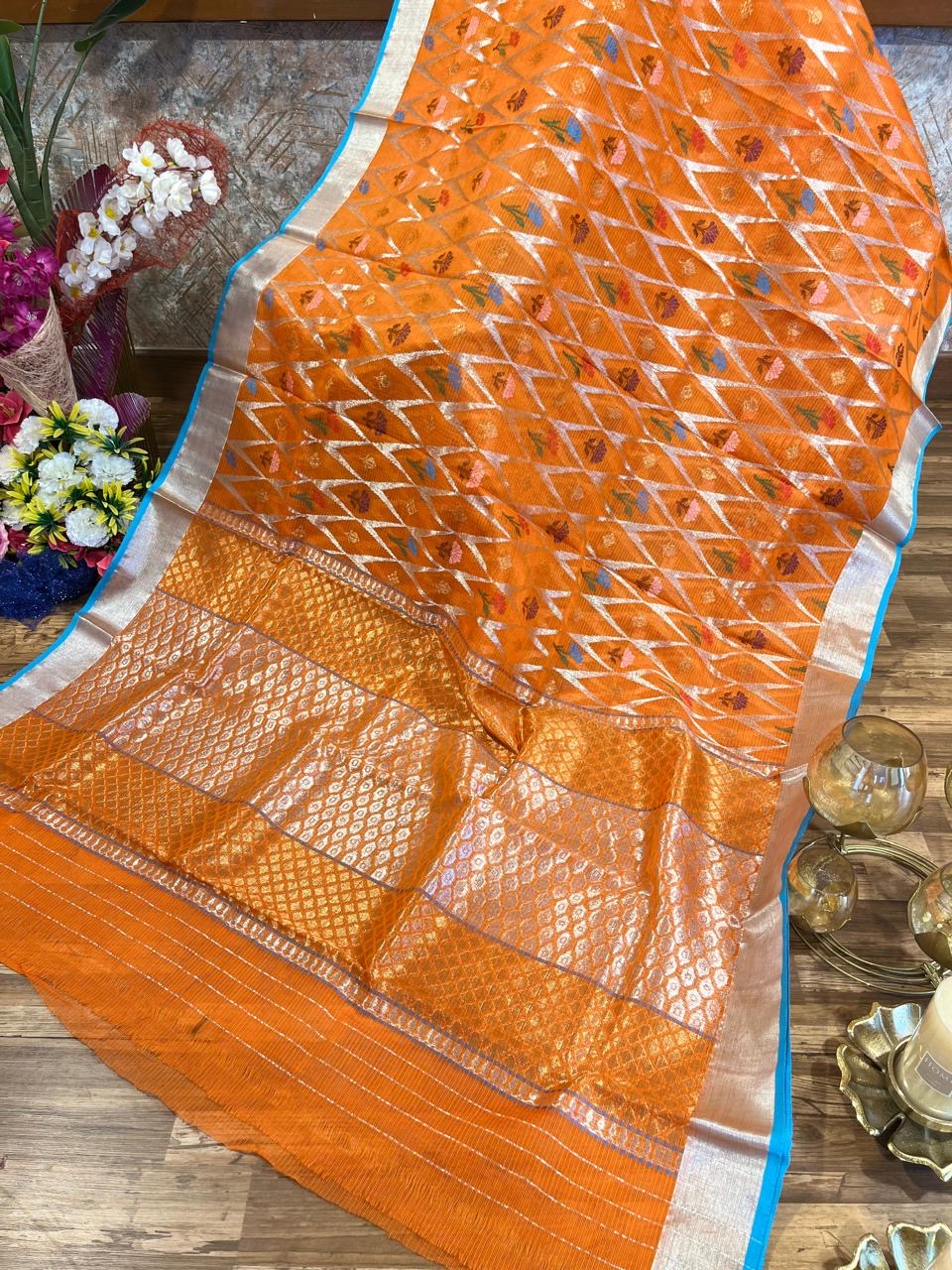 Designer All Over Jaal Pure Zari Kota Saree with Contrast Blouse