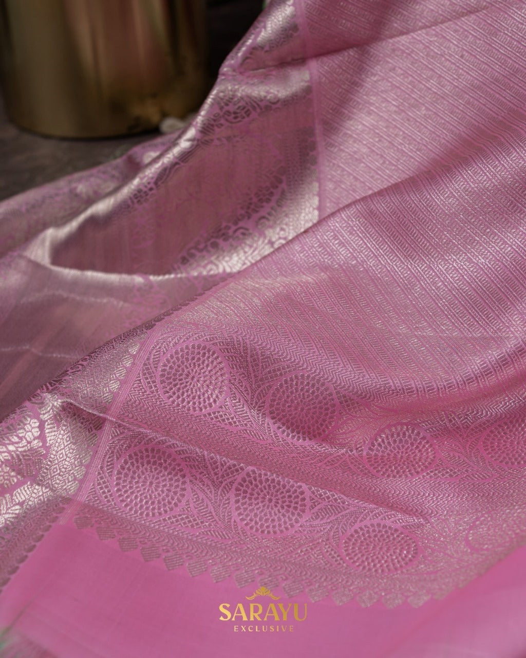 Rose Pink and Green Pure Kanchi Soft Brocade Silk