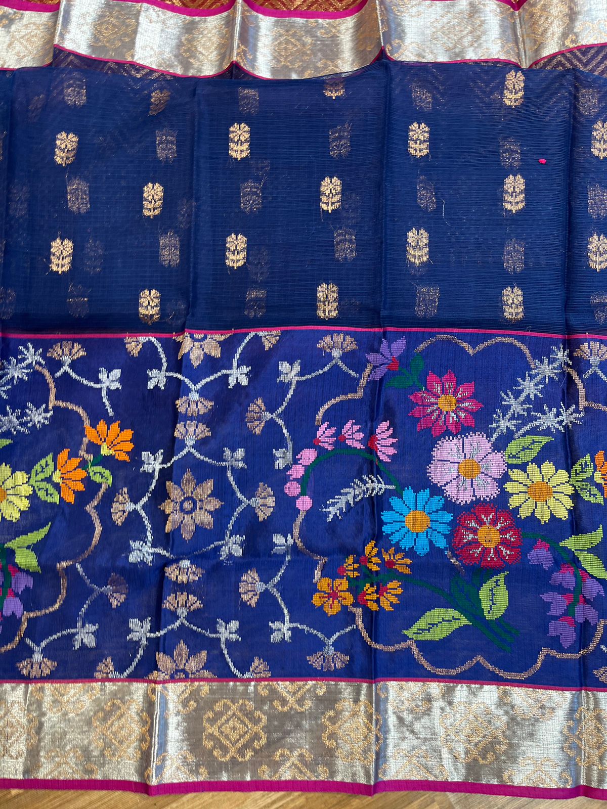 Brick and Royal Blue Pure Zari kota Jamawar