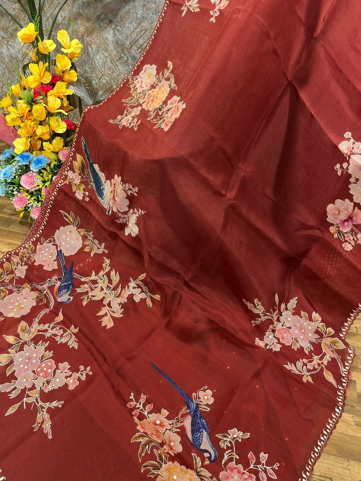 Maroon Designer Floral Print Organza