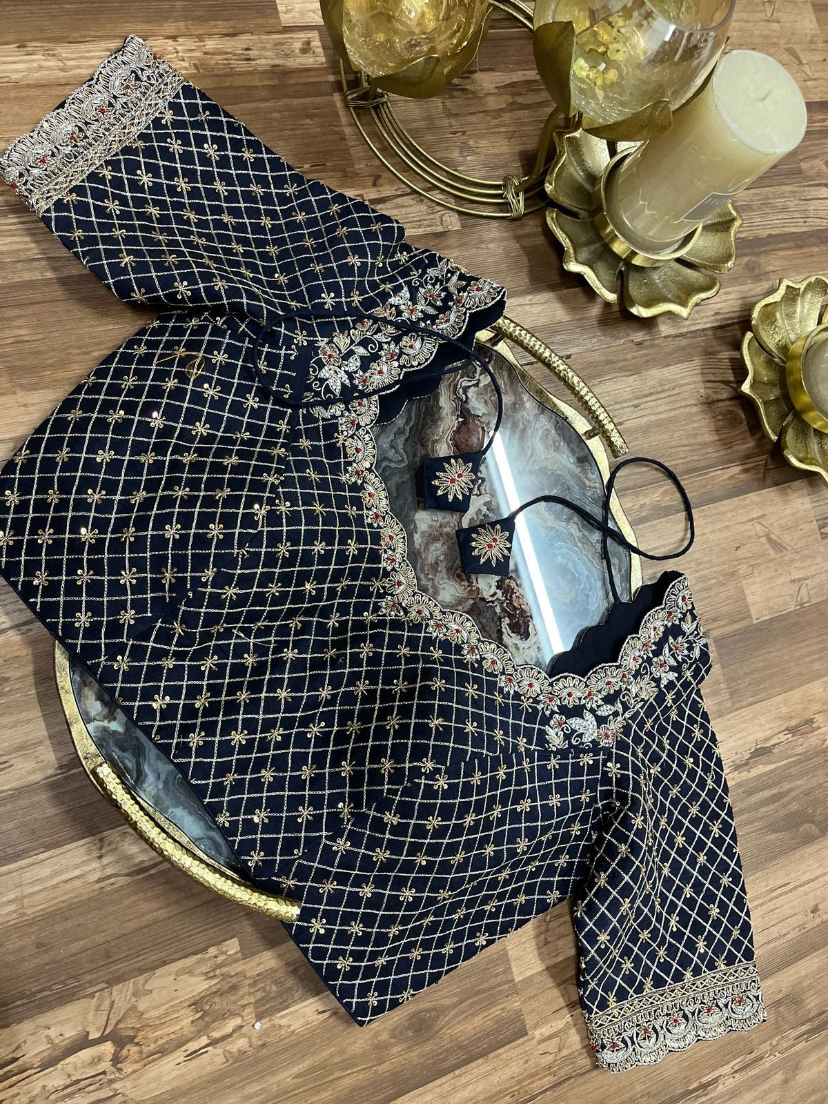 Deep Navy Rawsilk Handworked Blouse