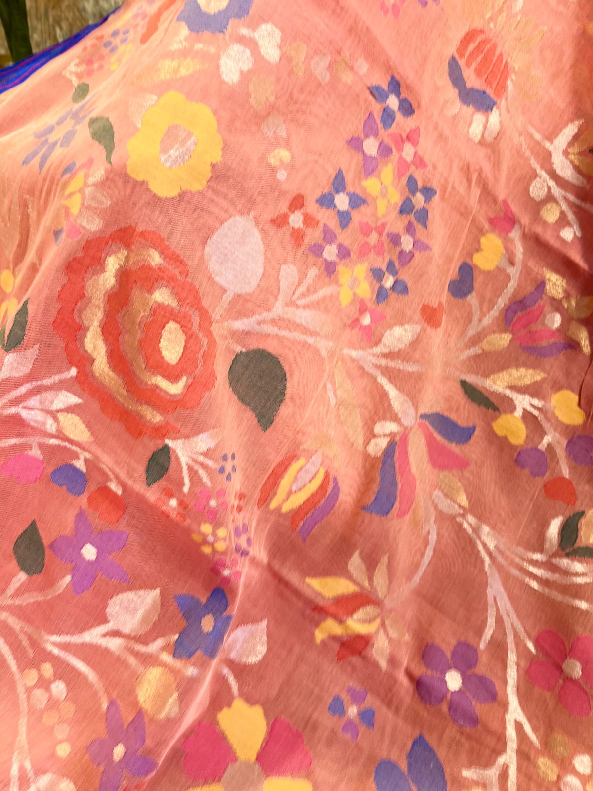 Peach and Blue Tissue Paithani Border