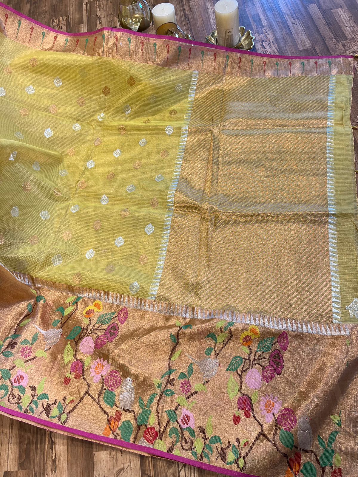 Lemon Yellow Single Tissue Zari Kota