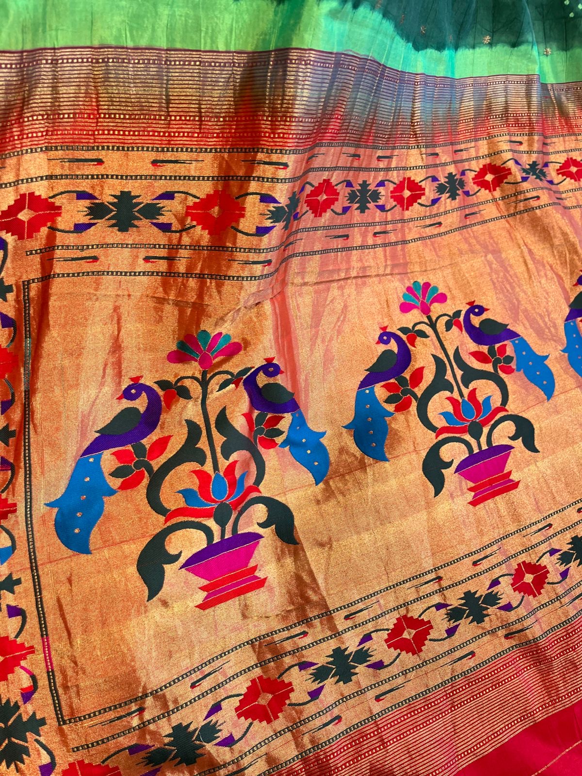 Green Pure Silk Paithani Bandhini