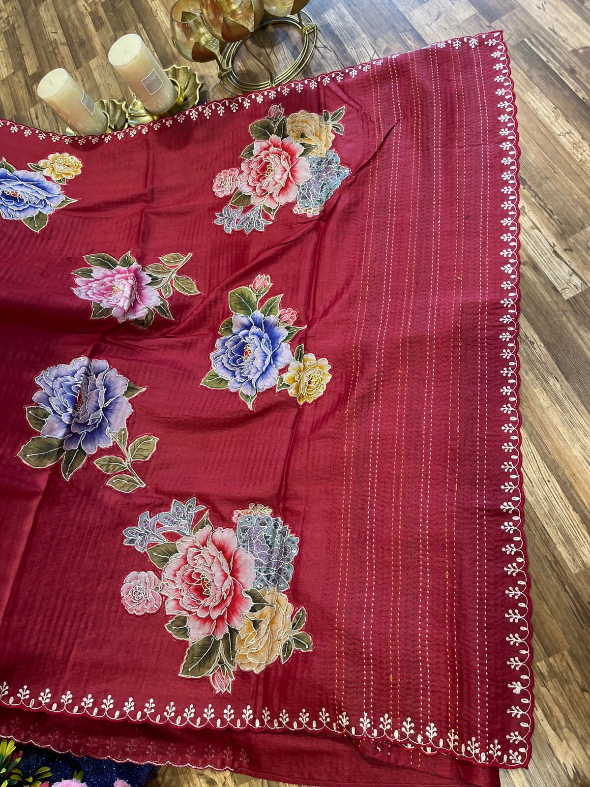 Maroon Red Green Tussar