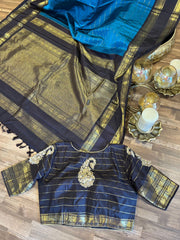 Peacock Blue and Brown Pure Kanchi Pattu