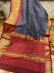 Slate Grey Checkered Ikkat Pattu