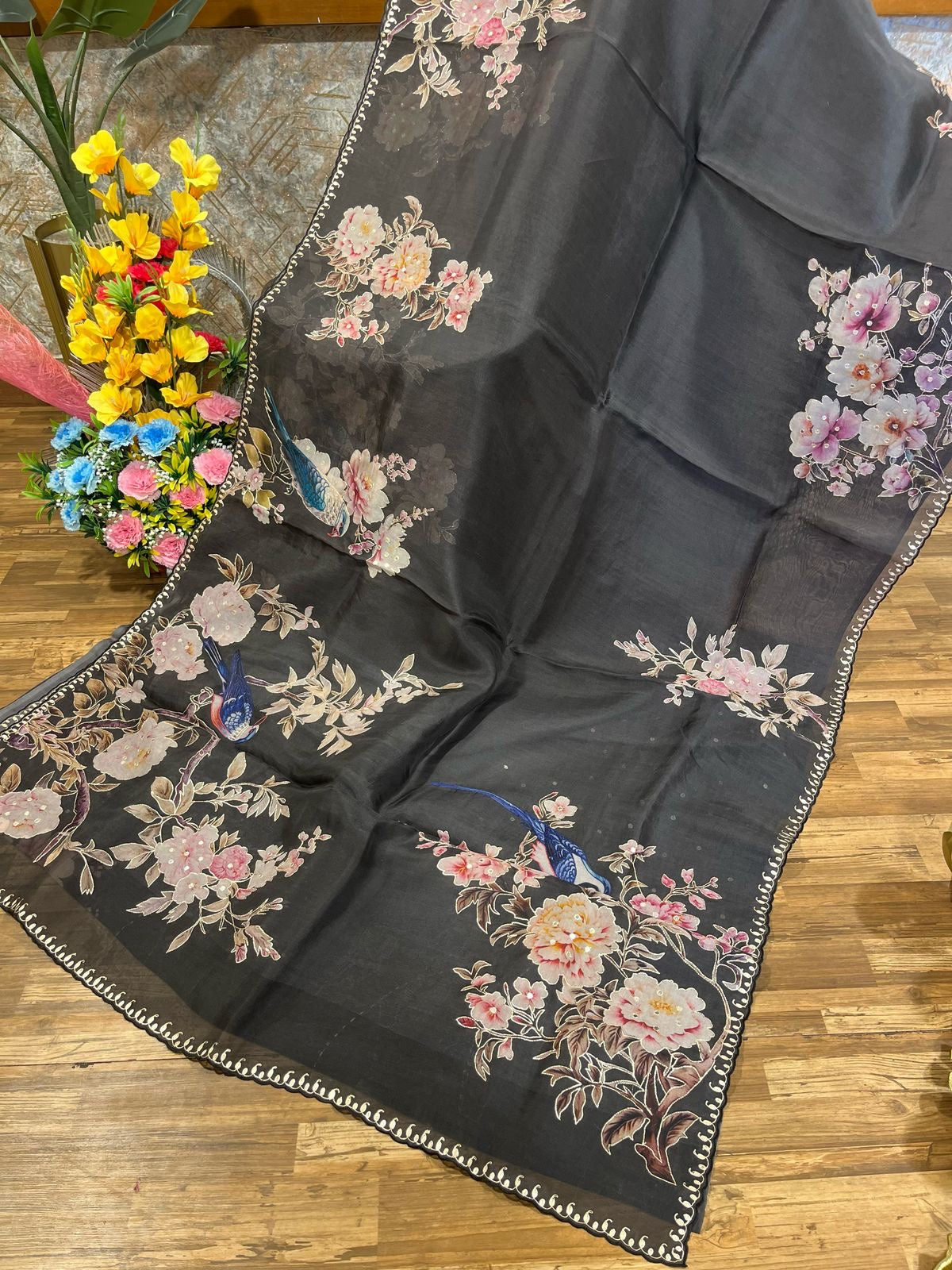 Black Designer Floral Print Organza