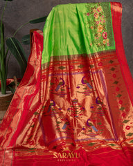 Parrot Green Cutwork Embrodered Triple Saree