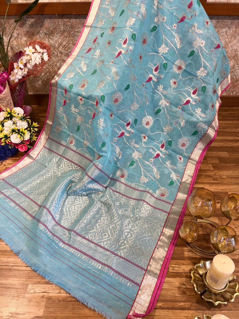 Designer All Over Jaal Pure Zari Kota Saree with Contrast Blouse