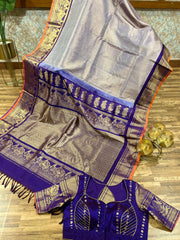 Grey and Deep Navy toned allover  Gadwal brocade saree